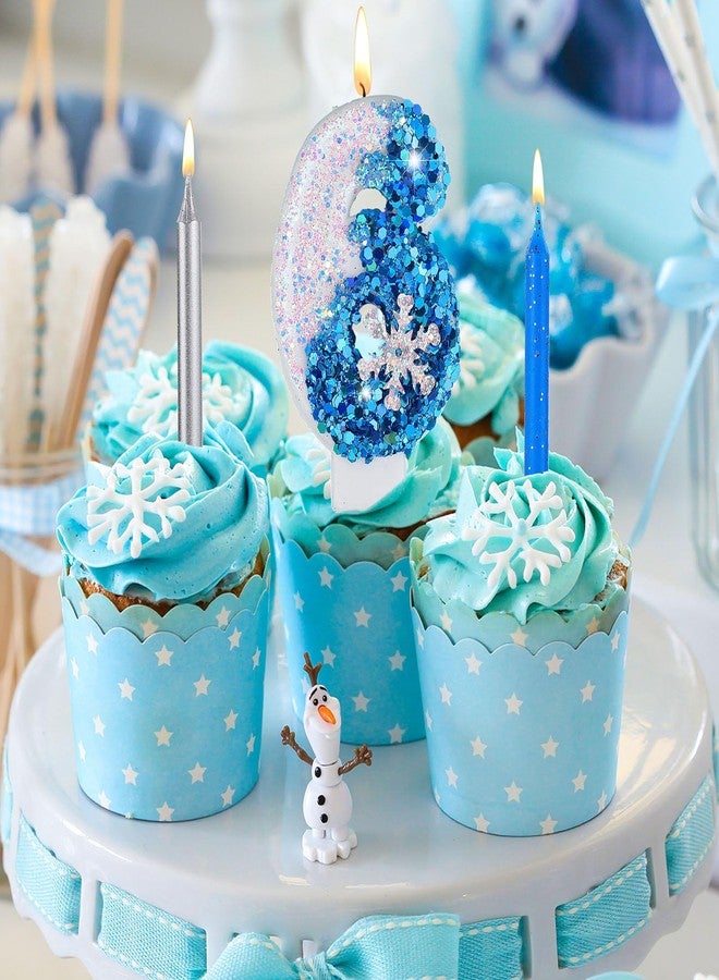 Herdear 2.8" Frozen Birthday Candles Snowflake Number Candles with 10 Pcs Long Thin Candles Blue Number 0-9 for Cake Topper Birthday Frozen Birthday Supplies(Number 6) - Image 3